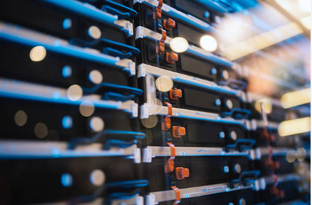 Rack of Princeton NuEnergy battery recycling modules with blue indicator lights
