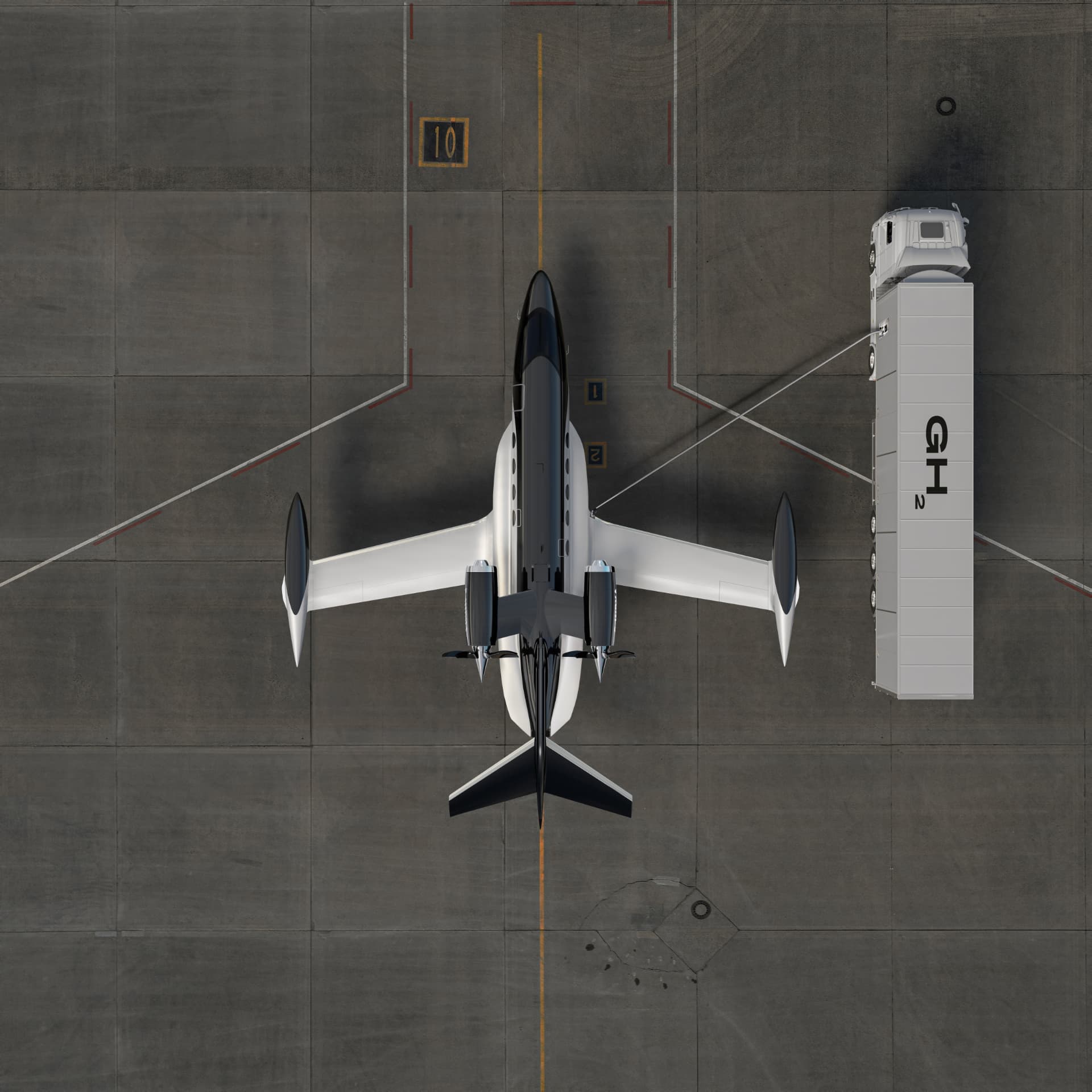 Aerial view of a Beyond Aero hydrogen aircraft on the tarmac