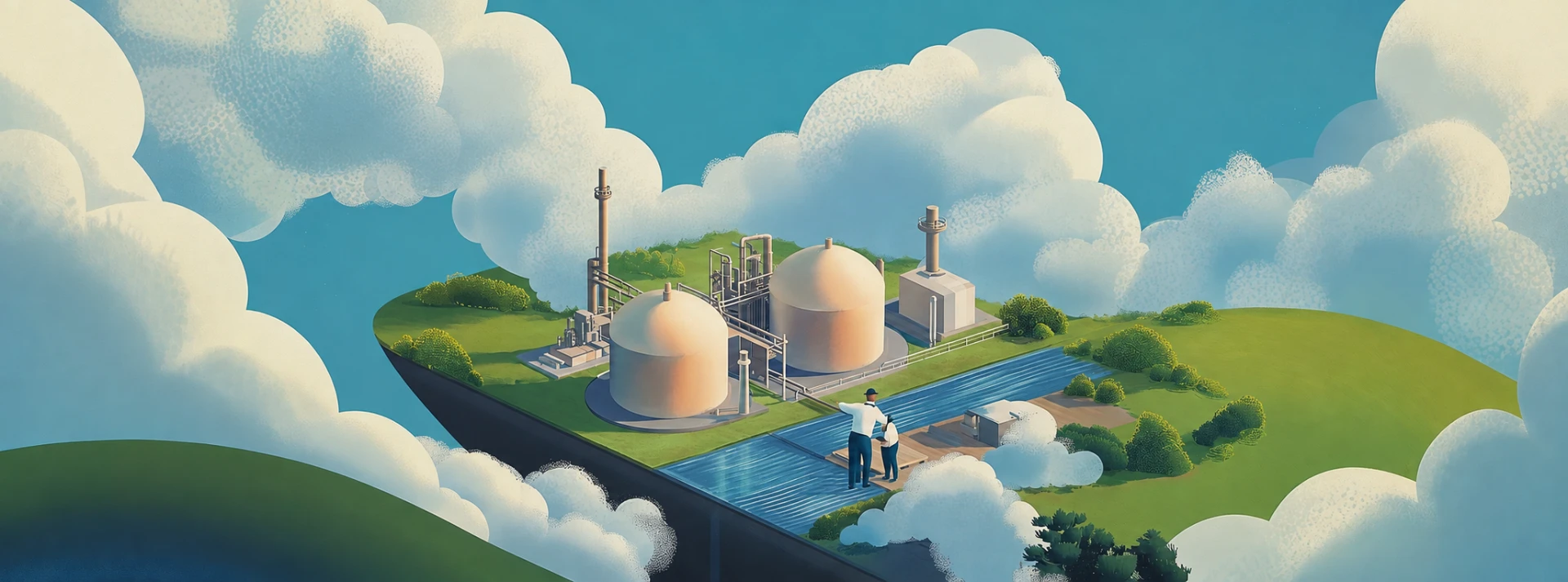 Illustration of engineers overlooking a first-of-a-kind industrial facility framed by atmospheric clouds.