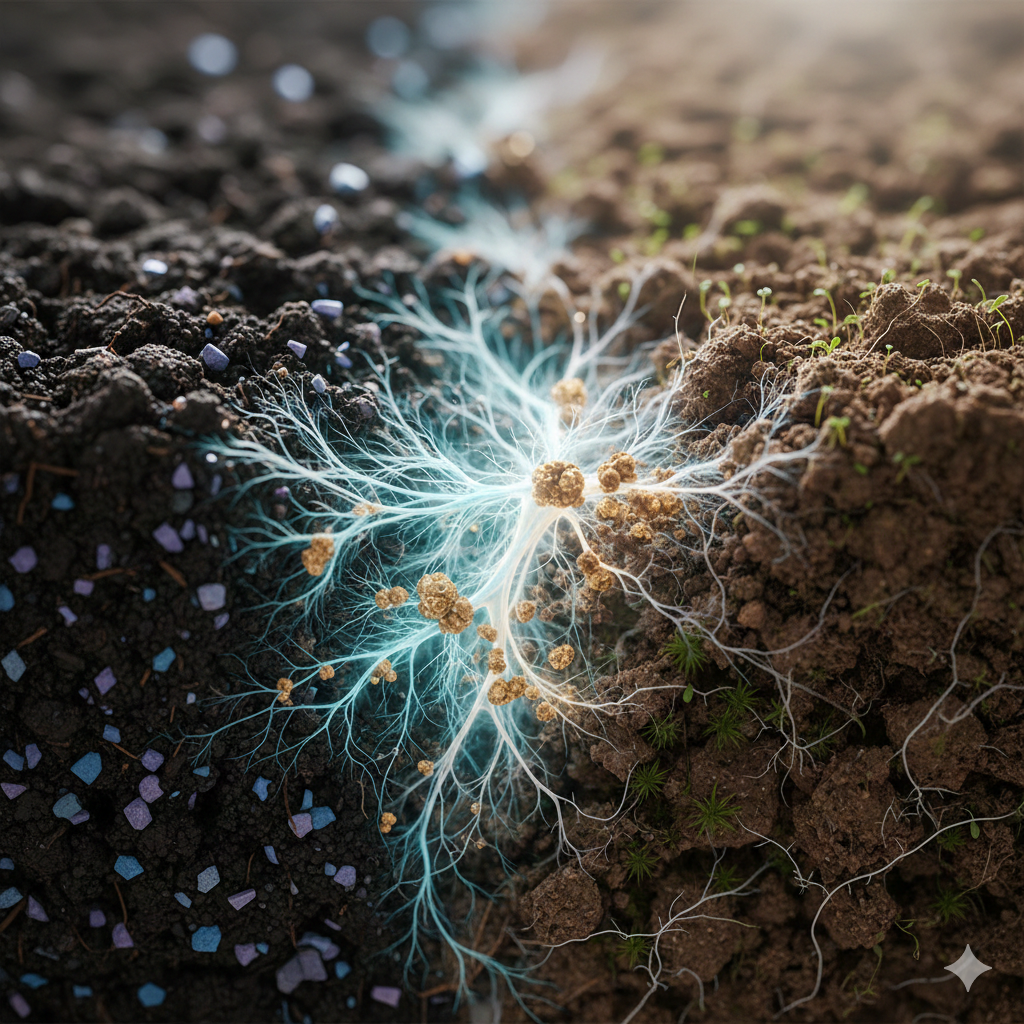 Glowing mycelium network spreading through soil