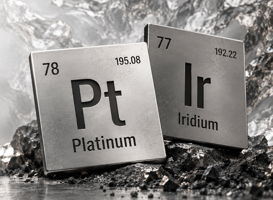 Platinum and iridium element blocks on raw ore