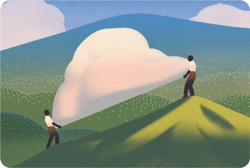 Two figures carrying a cloud across rolling hills